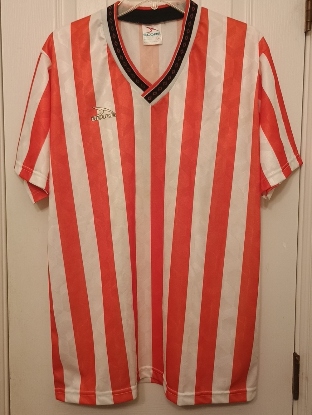 Vintage 90's Score Orange and White Striped V-Neck Soccer Jersey Adult Large